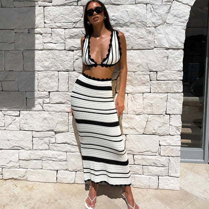 2pcs Striped Bikini Casual Vest Sling Top Suit Beach Summer Y2K Long Dress Suits For Women