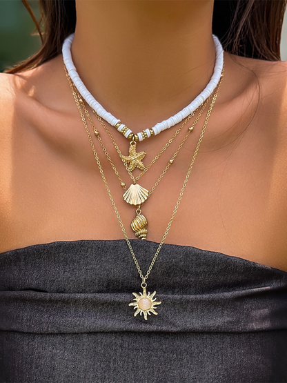 Ocean-style shell conch tassel multi-layer necklace, stacked soft clay starfish necklace