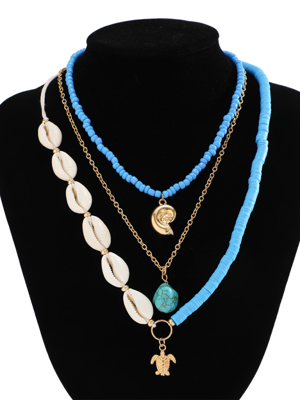 Ocean-style shell conch tassel multi-layer necklace, stacked soft clay starfish necklace