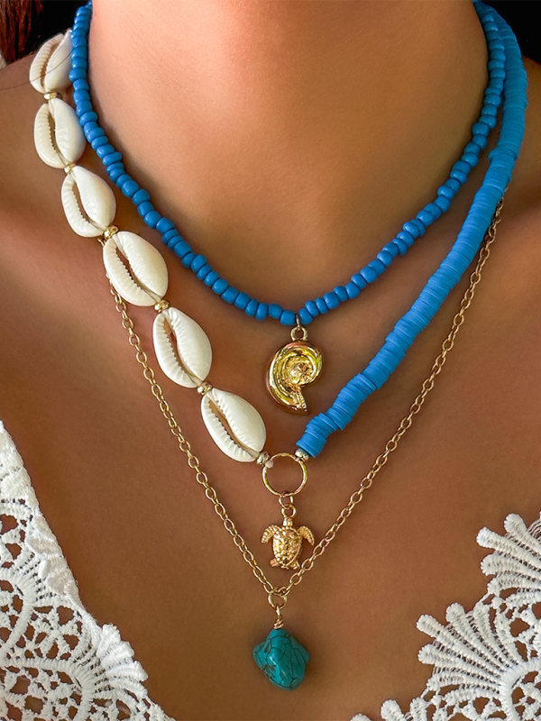 Ocean-style shell conch tassel multi-layer necklace, stacked soft clay starfish necklace