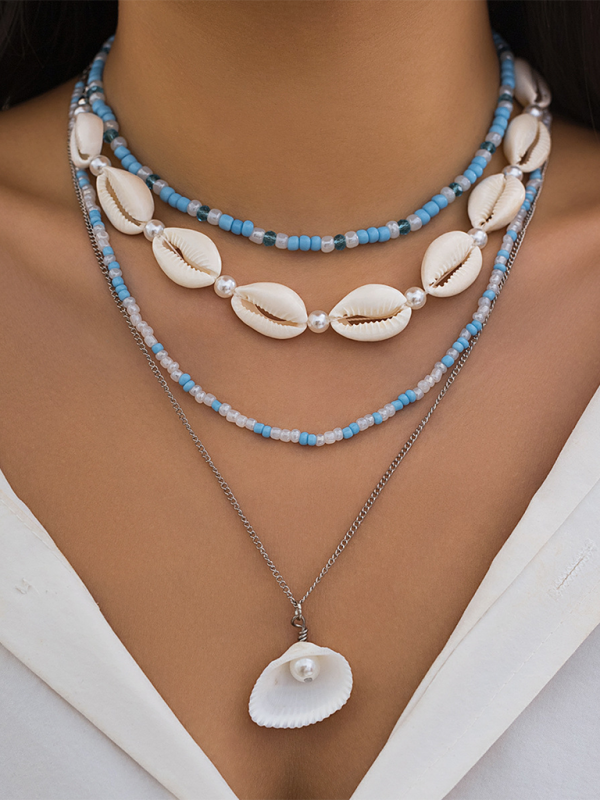 Ocean-style shell conch tassel multi-layer necklace, stacked soft clay starfish necklace