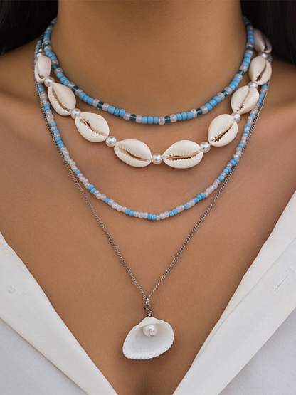 Ocean-style shell conch tassel multi-layer necklace, stacked soft clay starfish necklace