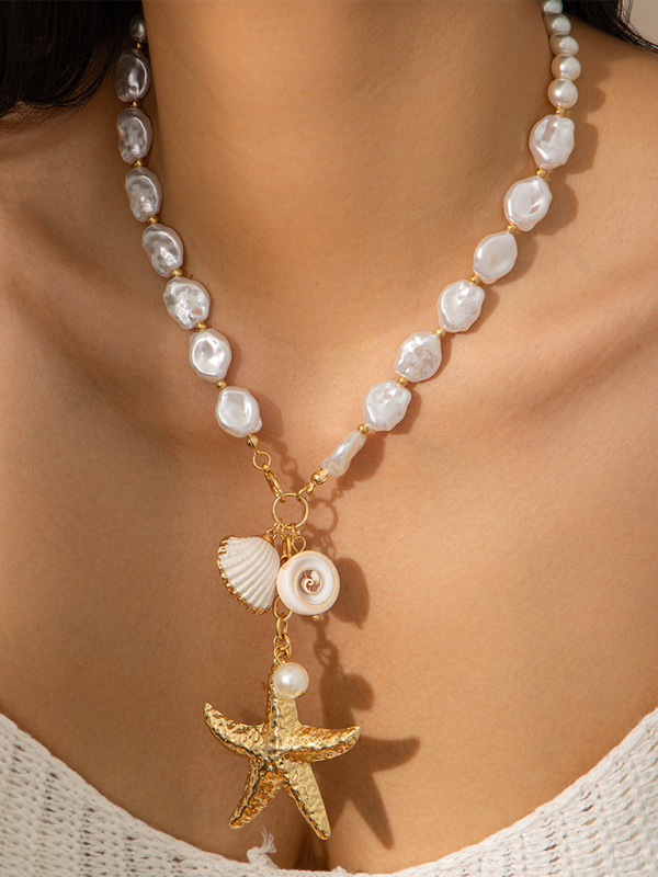 Ocean-style shell conch tassel multi-layer necklace, stacked soft clay starfish necklace