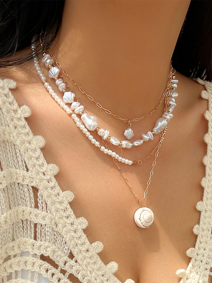 Ocean-style shell conch tassel multi-layer necklace, stacked soft clay starfish necklace