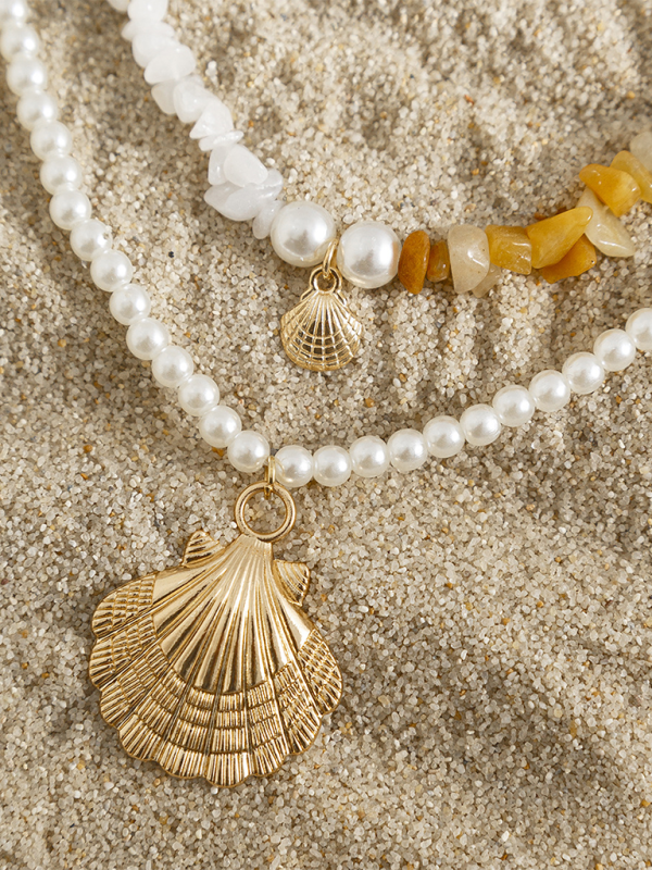 Ocean-style shell conch tassel multi-layer necklace, stacked soft clay starfish necklace