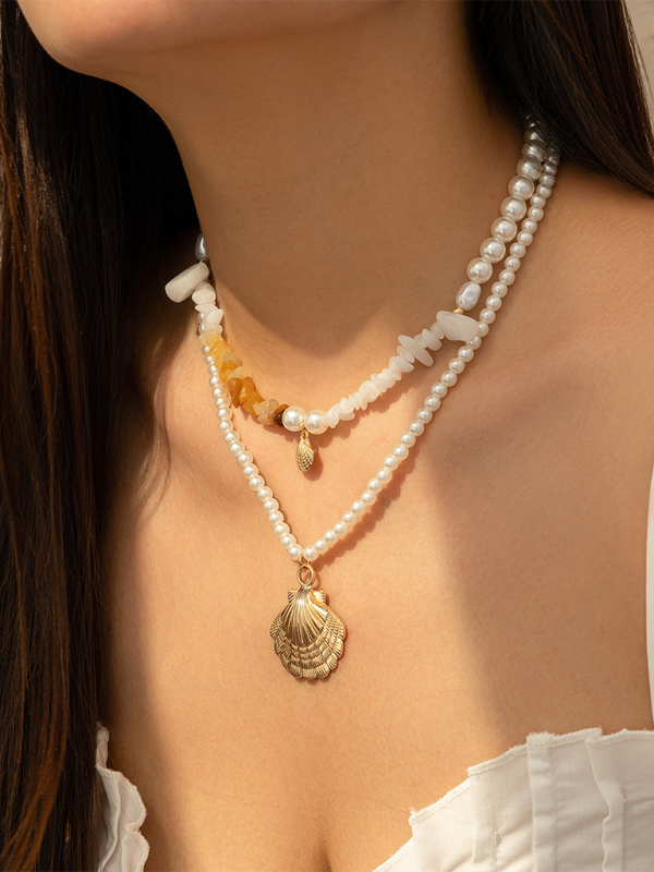 Ocean-style shell conch tassel multi-layer necklace, stacked soft clay starfish necklace