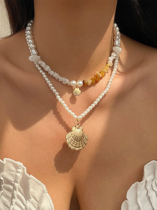 Ocean-style shell conch tassel multi-layer necklace, stacked soft clay starfish necklace