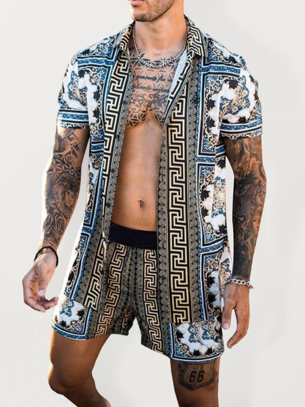 Men's printed lapel short-sleeved shirt + shorts casual suit