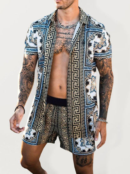 Men's printed lapel short-sleeved shirt + shorts casual suit