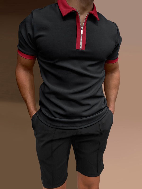 Men's Color Contrasting Short Sleeve Lapel Polo Shirt + Shorts Set