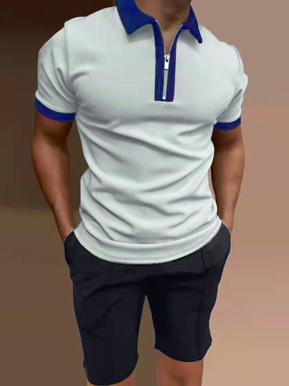 Men's Color Contrasting Short Sleeve Lapel Polo Shirt + Shorts Set