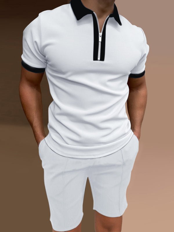 Men's Color Contrasting Short Sleeve Lapel Polo Shirt + Shorts Set