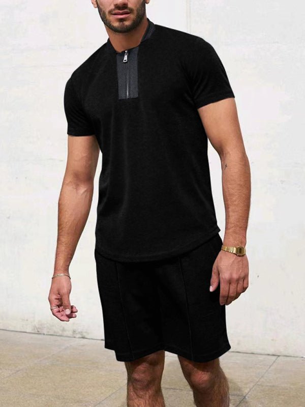 Men's Contrasting Color Waffle V-Neck Zipper T-Shirt + Shorts Casual Suit