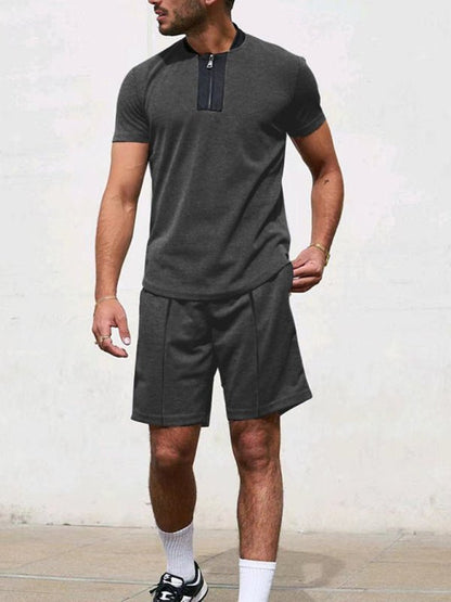 Men's Contrasting Color Waffle V-Neck Zipper T-Shirt + Shorts Casual Suit