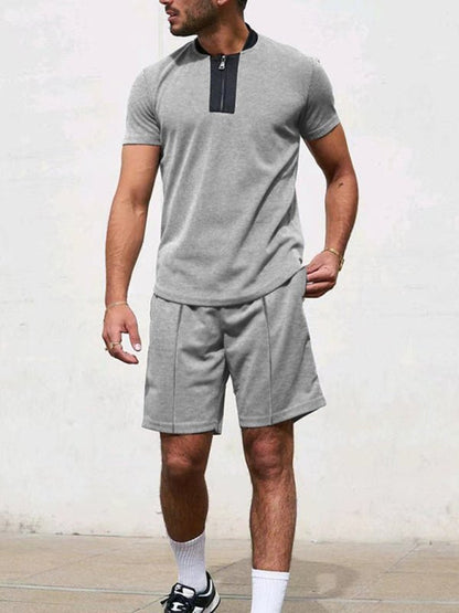 Men's Contrasting Color Waffle V-Neck Zipper T-Shirt + Shorts Casual Suit