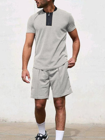 Men's Contrasting Color Waffle V-Neck Zipper T-Shirt + Shorts Casual Suit