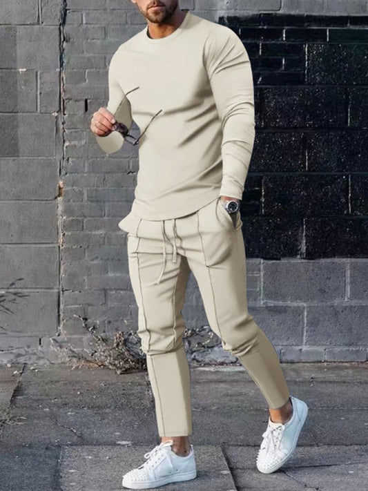 New Men's Two-piece Set Round Neck Long Sleeve T-Shirt Trousers Casual Sports Suit