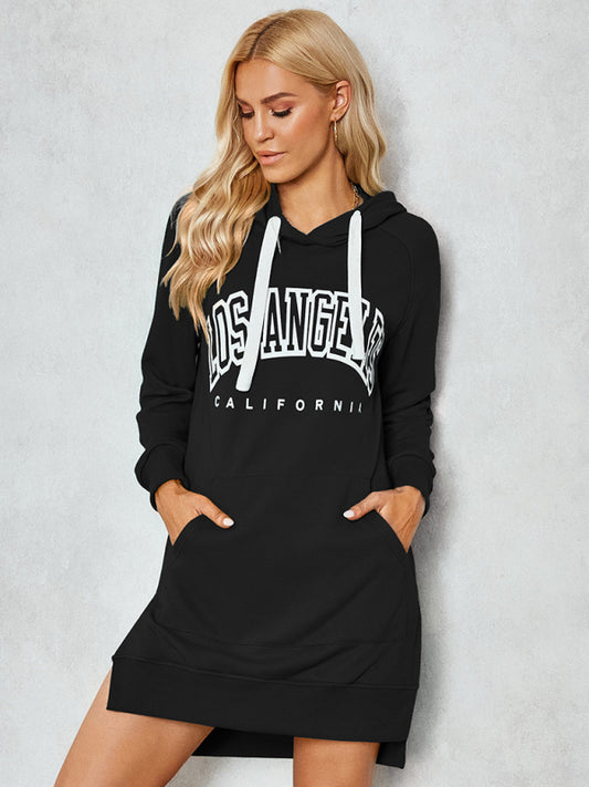 Women's lettered print hooded skirt dress