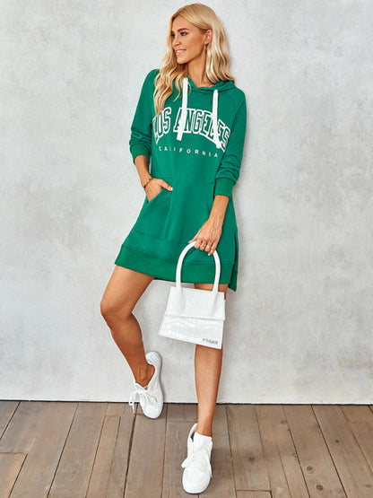 Women's lettered print hooded skirt dress