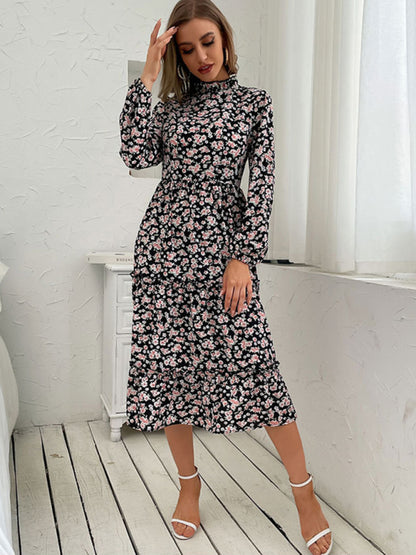 mid-length turtleneck pleated print dress