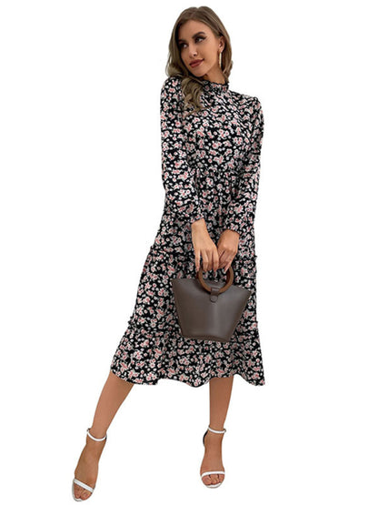 mid-length turtleneck pleated print dress