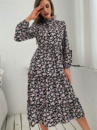 mid-length turtleneck pleated print dress