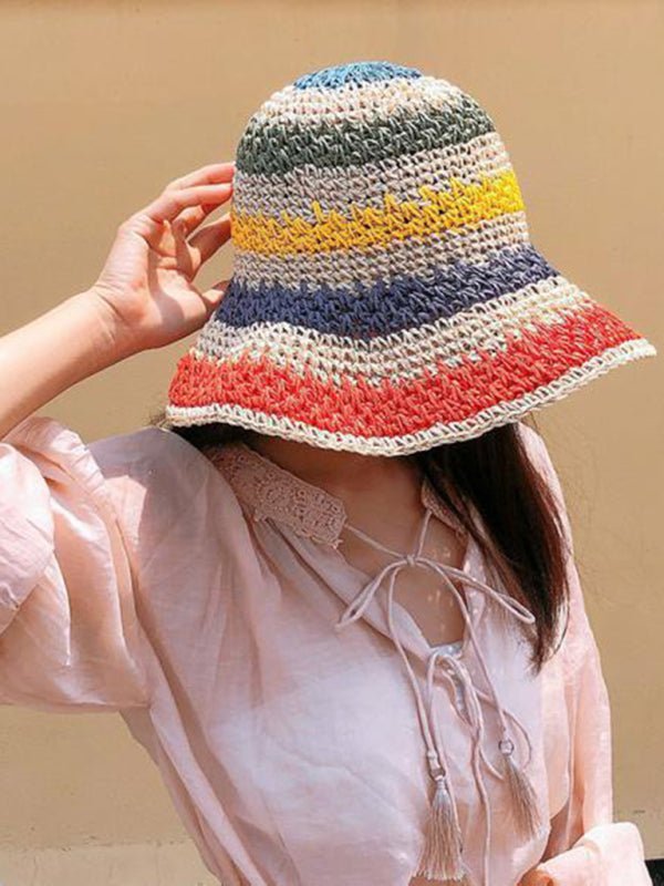 Braided straw hat rainbow fisherman hat big brim sun hat outdoor beach sun sun hat