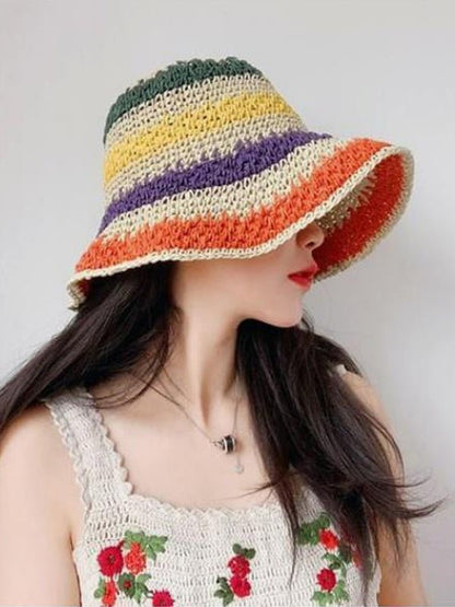 Braided straw hat rainbow fisherman hat big brim sun hat outdoor beach sun sun hat