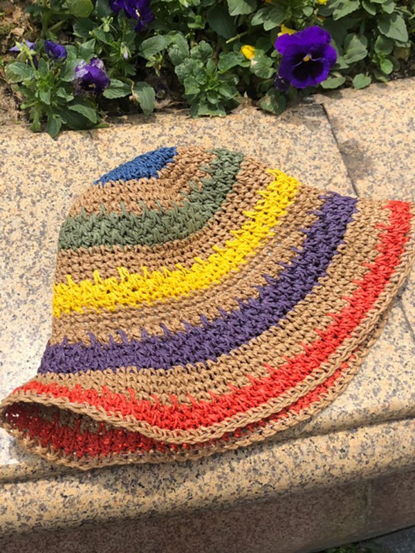 Braided straw hat rainbow fisherman hat big brim sun hat outdoor beach sun sun hat