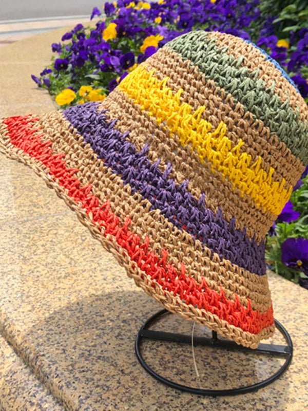 Braided straw hat rainbow fisherman hat big brim sun hat outdoor beach sun sun hat