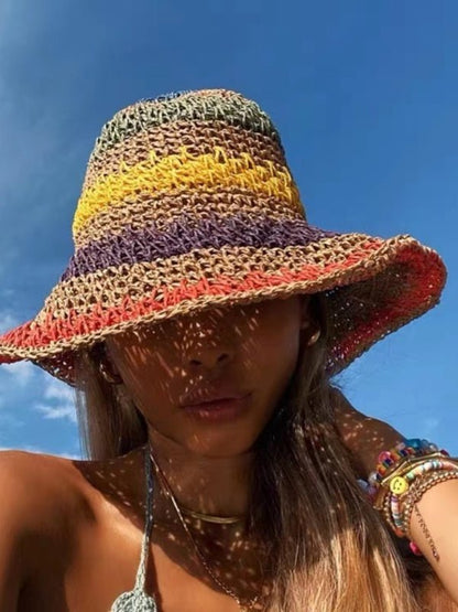 Braided straw hat rainbow fisherman hat big brim sun hat outdoor beach sun sun hat