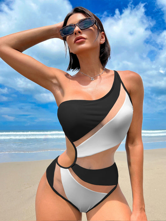 New solid color hollow mesh sexy bikini one-piece swimsuit