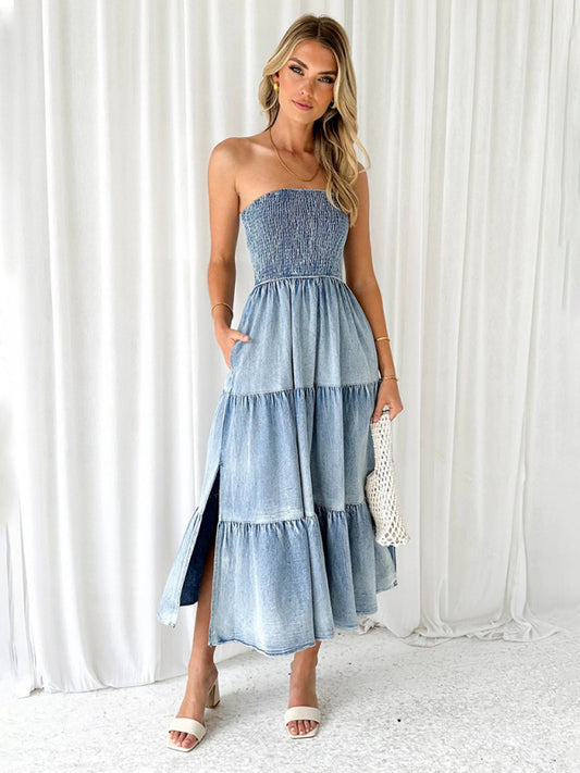 Fresh and sweet hem spliced side slit strapless cake denim long dress