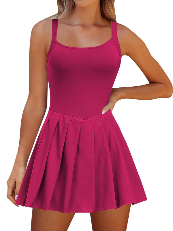 Ladies new style pocket solid color halter neck high waist two in one dress