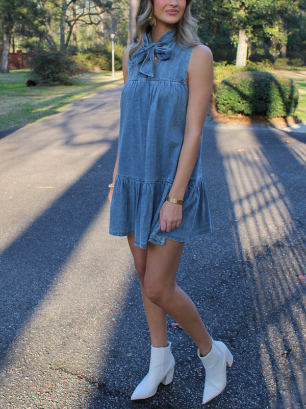 Denim bow tie loose dress