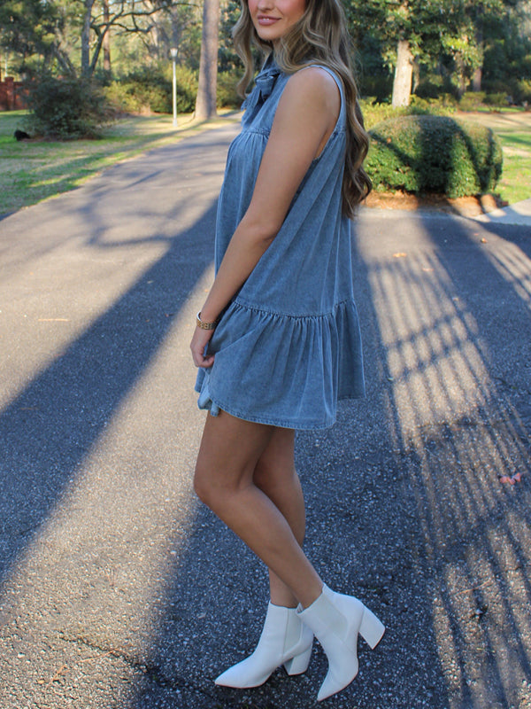 Denim bow tie loose dress