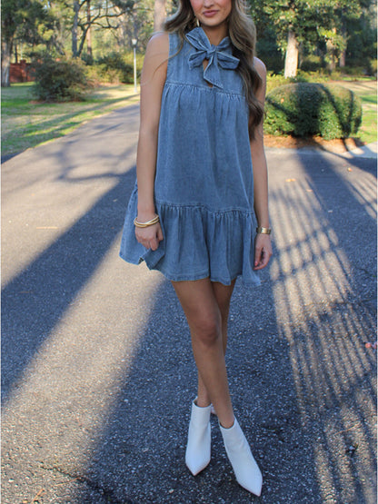 Denim bow tie loose dress