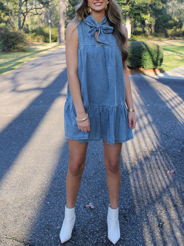 Denim bow tie loose dress