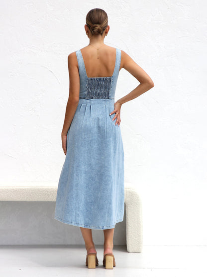 Light blue denim buttoned suspender midi skirt