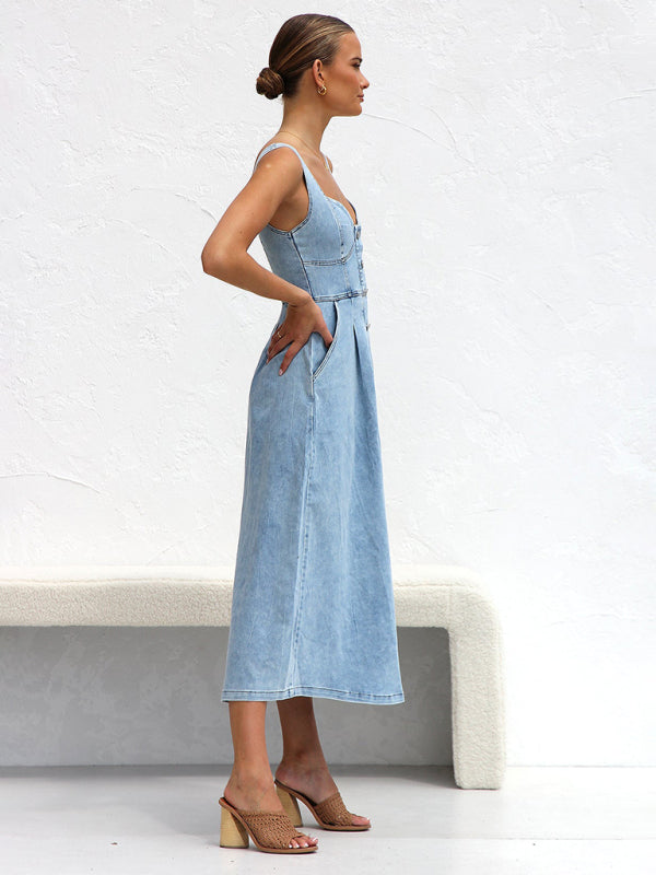 Light blue denim buttoned suspender midi skirt